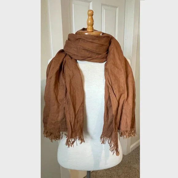 Fog Linen Work Light Brown/Tan 100% Linen Scarf - Picture 1 of 3